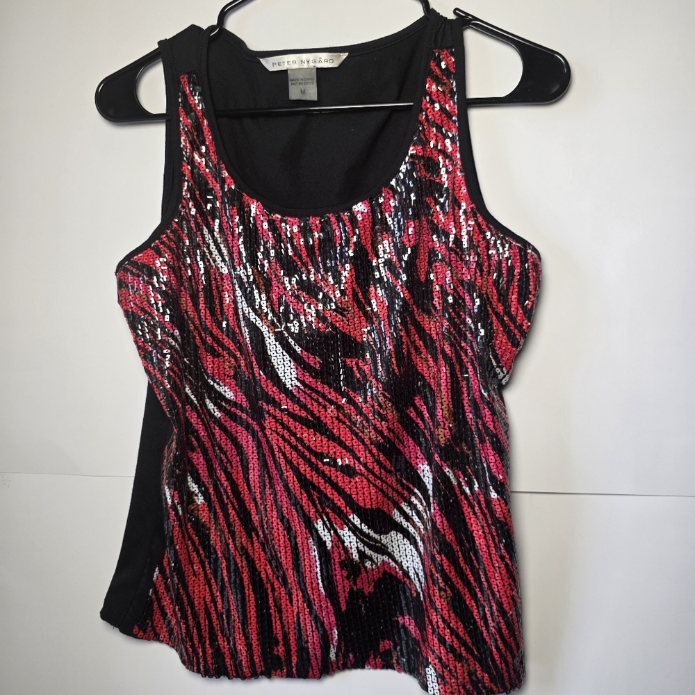Peter Nygard Women's Sequin Red Black Zebra Print Top Blouse Size Women M